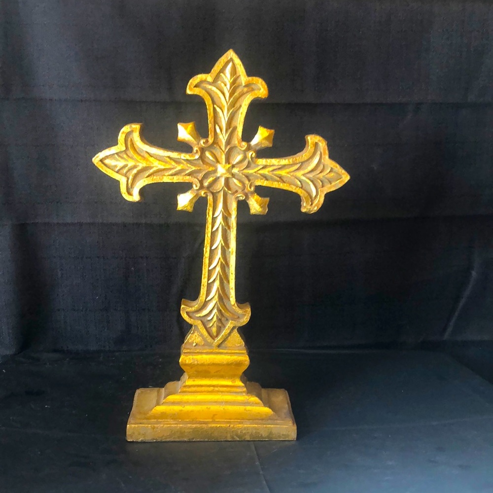 Gold cross figure: Renaissance antiquity ornate gothic style - wood carved 14”